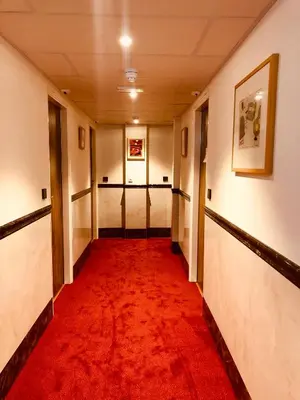 a corridor with a red carpet in a hallway at Chasse Residency Hotel in Amsterdam