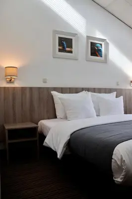 a hotel room with a bed and a night stand with a bed sidx sidx sidx at Landgoed Oud Poelgeest - Leiden in Oegstgeest