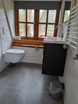 a bathroom with a sink and a toilet and a window at Onder de Boomen in Bergen