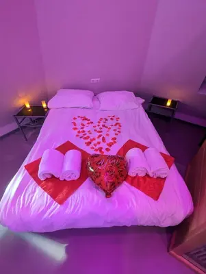 a purple bedroom with a bed with two hearts on it at Hotel-Chao NL 24 hours open in Utrecht