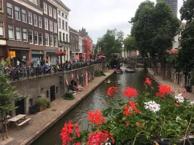 a view of a canal with red flowers and buildings at Hotel-Chao NL 24 hours open in Utrecht