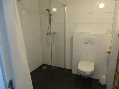 a bathroom with a shower and a toilet at Guesthouse Wormer in Wormer