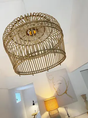 a rattan light fixture hanging from a ceiling at Duinstudio Bergen in Bergen