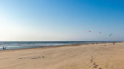 a beach with people flying kites on the sand at Strandhuis aan zee in Noordwijk
