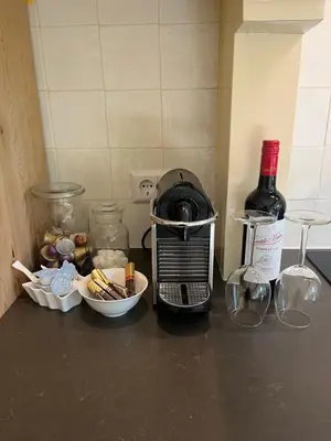 a kitchen counter with a toaster and a bottle of wine at Cottage Het Beukenootje in Aerdenhout