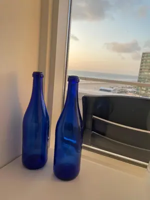 two blue glass bottles sitting on a window sill at North Sea Spirit in Zandvoort