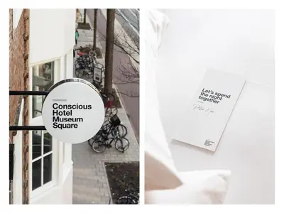 a sign that readsconscious hotel museum square next to a building at Conscious Hotel Museum Square in Amsterdam