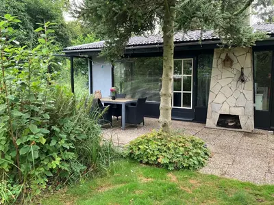 a patio of a house with a table and a tree at Natuurhuisje Eartswoud in Aartswoud