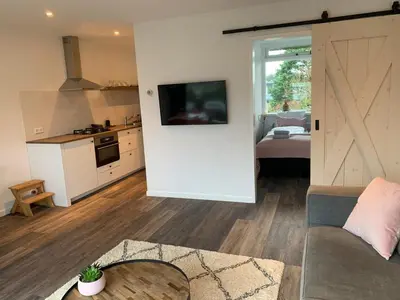 a living room with a sliding barn door and a kitchen at @54 in Zandvoort