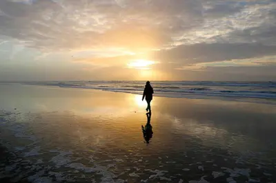 a person walking on the beach at sunset at @54 in Zandvoort