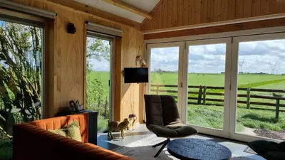 a living room with a couch and a tv and windows at City Farmers Lodge, a Guesthouse with a skyline view in Rural Amsterdam in Amsterdam
