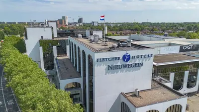 an aerial view of the exterior of a hospital building at Fletcher Hotel-Restaurant Nieuwegein-Utrecht in Nieuwegein