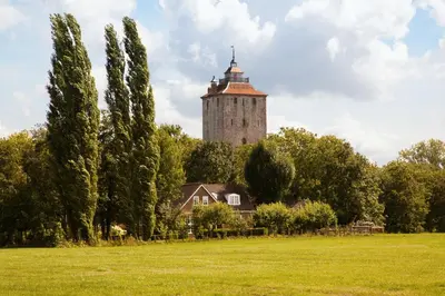 a house in a field with a tower in the background at Het Wapen van Harmelen in Harmelen