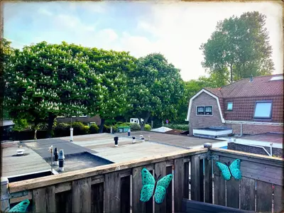 a backyard with butterflies on a wooden fence at Zee En Meer in Egmond aan Zee