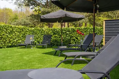 a group of chairs and an umbrella on the grass at Sunny Trio in Zeewolde
