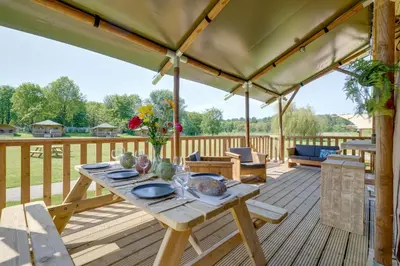 a wooden deck with a table with flowers on it at Sunny Trio in Zeewolde