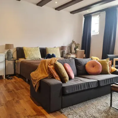 a living room with a couch with pillows on it at Crown Guesthouse Amsterdam in Amsterdam