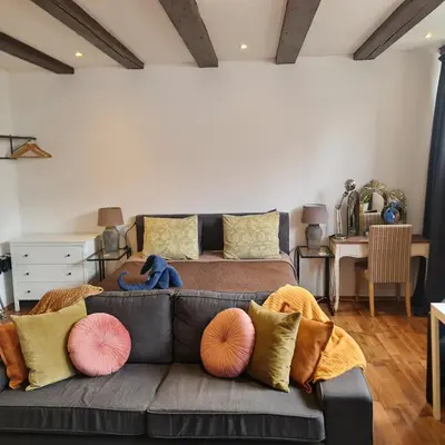 a living room with a gray couch with colorful pillows at Crown Guesthouse Amsterdam in Amsterdam