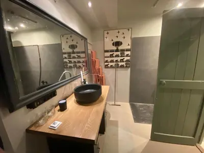 a bathroom with a black bowl sink and a shower at Ingeborgh Art Gastenverblijf in Grootschermer