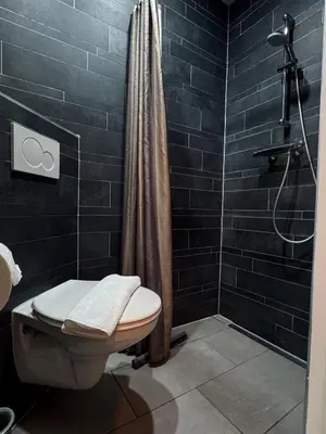 a bathroom with a toilet and a shower at Hotel Bellington in Amsterdam