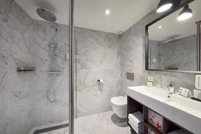 a bathroom with a shower and a toilet and a sink at Hotel Lion D'Or in Haarlem