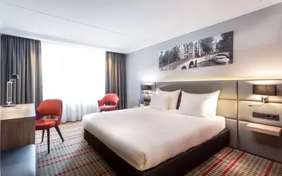 a hotel room with a bed and a desk at Ramada by Wyndham Amsterdam Airport Schiphol in Badhoevedorp