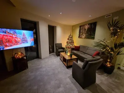a living room with a christmas tree and a large tv at DW Castricum in Castricum