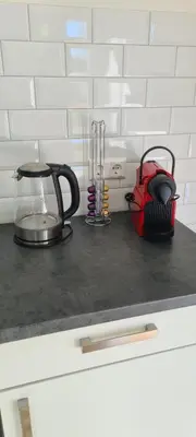 a kitchen counter with a blender and a red bag at The Flower Fields in Lisse
