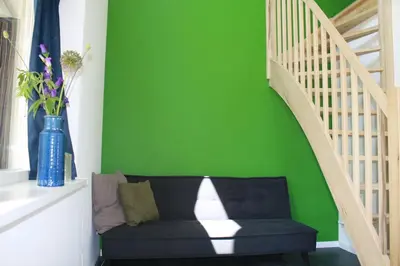 a living room with a green wall and a black couch at De Bosrand grenzend aan het bos in Castricum