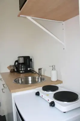 a small kitchen with a sink and a stove at De Bosrand grenzend aan het bos in Castricum
