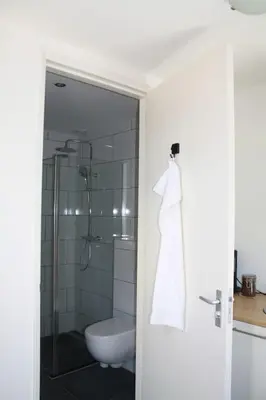 a bathroom with a shower and a toilet and a sink at De Bosrand grenzend aan het bos in Castricum