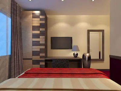 a bedroom with a bed and a tv and a mirror at Hotel Zwanenburg Amsterdam Airport in Zwanenburg