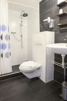 a bathroom with a toilet and a sink and a shower at Hotel Zwanenburg Amsterdam Airport in Zwanenburg