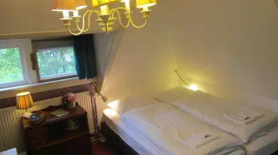 a bedroom with a bed and a chandelier at Villa Zomerdijk in Velsen-Zuid