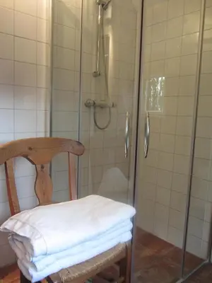 a shower with a chair and a glass shower stall at Villa Zomerdijk in Velsen-Zuid