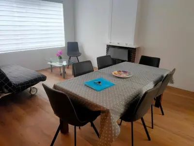a dining room with a table and chairs and a fireplace at House with garden in the center close to the sea and Amsterdam in Beverwijk
