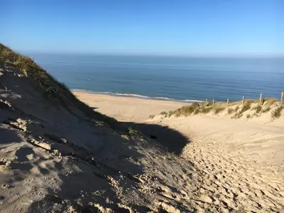 a sandy beach with the ocean in the background at Eco lodge Duin- unieke locatie -strand, duin en nabij cultuursteden in Castricum