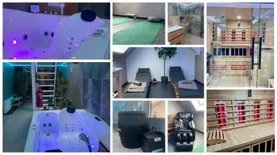 a collage of pictures of a indoor pool at Glücklich am Meer Suite Deluxe mit Wellnesszugang in Egmond aan Zee