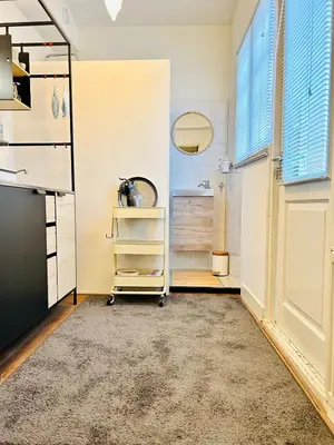 a room with a closet with a door and a rug at Leiden City Centre Canal View or Terrace View Apartments in Leiden