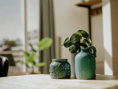 two green vases sitting on a table with a plant at Apartment in Waterpark in Uitgeest in Uitgeest