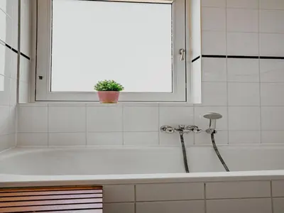a bath tub with a plant in a window at Apartment in Waterpark with Private Jetty in Uitgeest