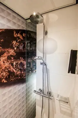 a shower in a bathroom with a painting on the wall at Golden Tulip Leiden Centre in Leiden