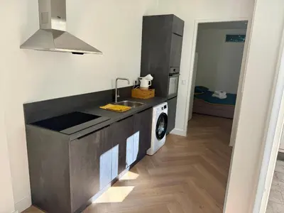 a kitchen with a sink and a washing machine at Sunshine Suites in Utrecht