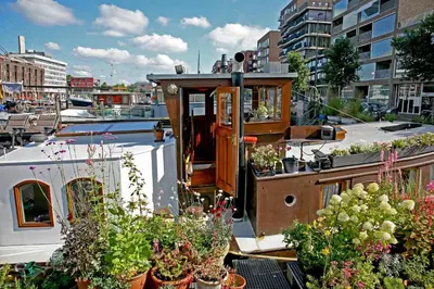 a small boat with potted plants on it at Westerdok25 in Amsterdam
