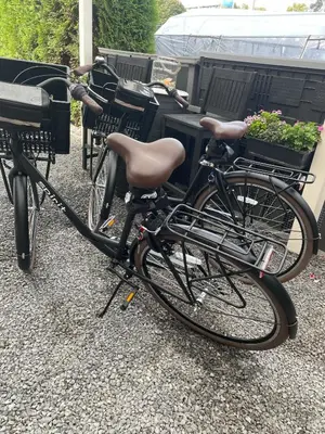 two bikes parked next to a table with plants at Casa di maksch de miniatura in Amsterdam