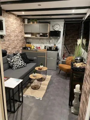 a living room with a couch and tables and a kitchen at Casa di maksch de miniatura in Amsterdam