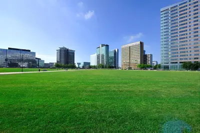 a large green field with a city in the background at Holiday Inn Express Amsterdam Arena Towers by IHG in Amsterdam
