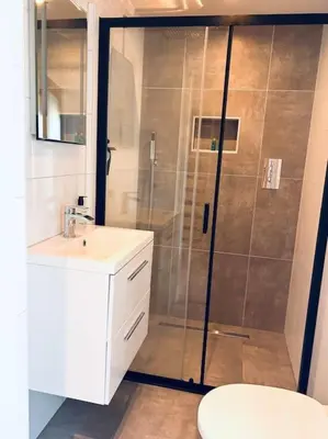 a bathroom with a shower with a sink and a toilet at The Bank's Lodge by ZILT in Limmen