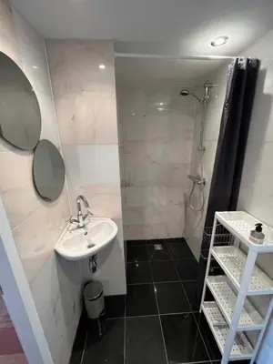 a bathroom with a sink and a shower at Studio J. in Egmond aan Zee