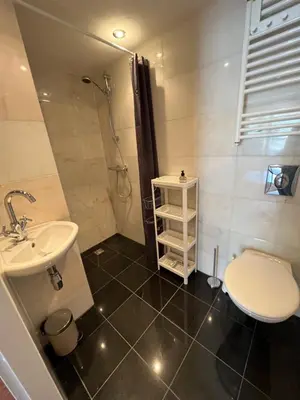 a bathroom with a sink and a toilet and a shower at Studio J. in Egmond aan Zee
